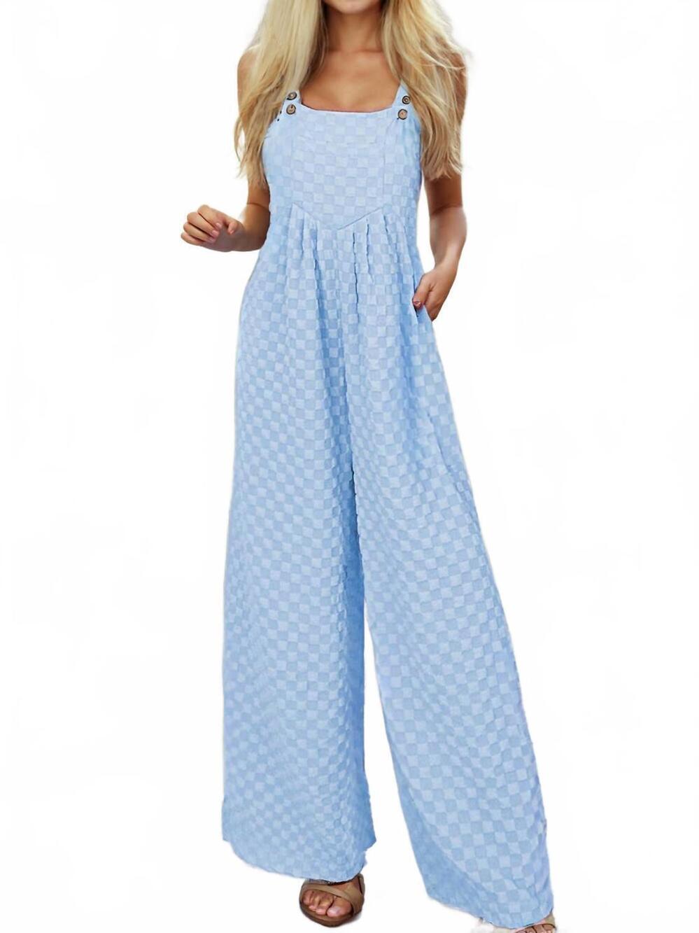 NEW 1 THE WOMAN checkered pocketed high waist wide leg overall in beau blue